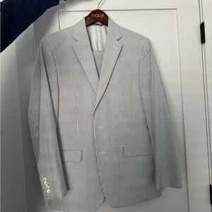 Men's White and Blue Seersucker Suit